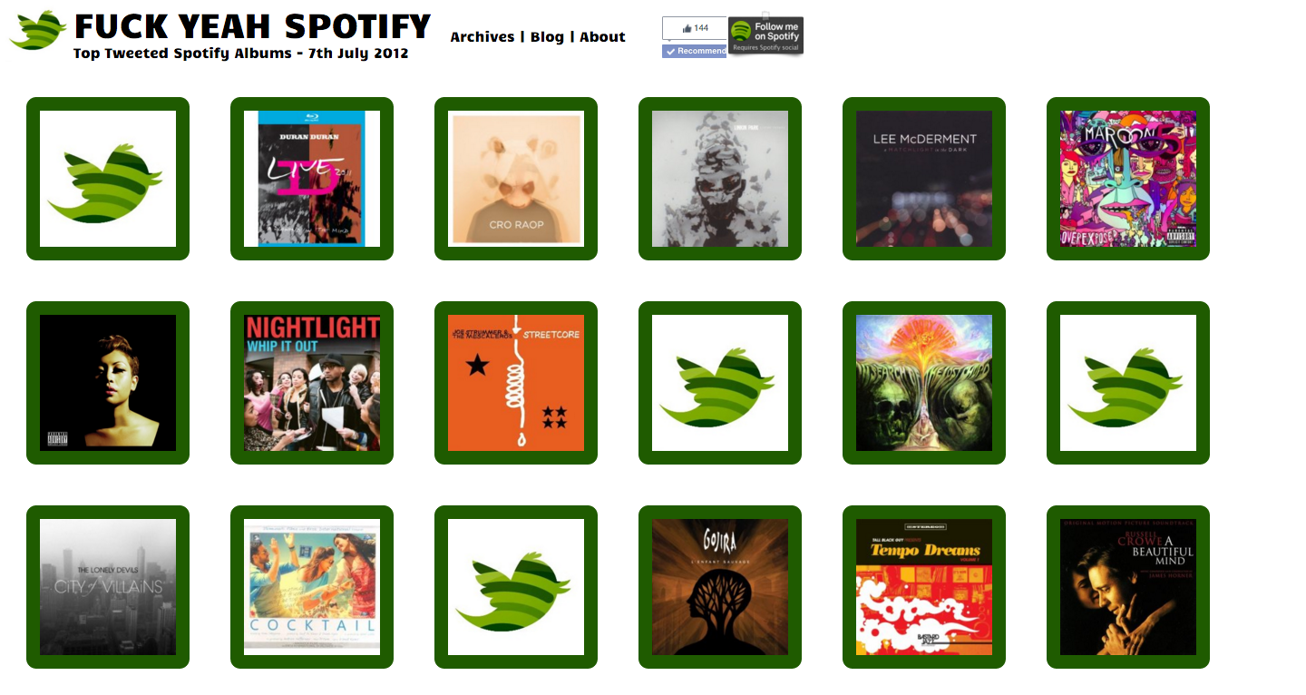 Screenshot of Fuck Yeah Spotify according to wayback machine on July 7th 2012